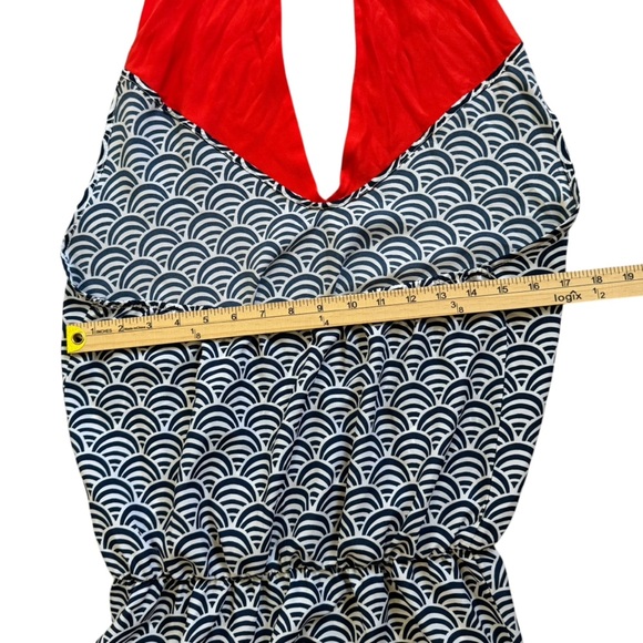 Mud Pie Halter Top Backless Orange and Dark Blue Wave Pattern Swim Coverup - Picture 8 of 12